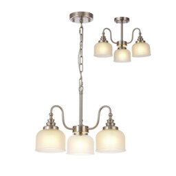DeRuyter Semi Flush, Ceiling Pendant, 3 Light E27, Satin Nickel, Frosted Glass