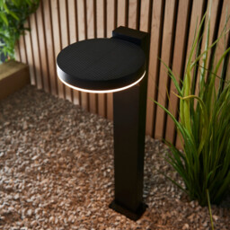 Ebro Modern Solar Powered Dimmable LED Round Bollard Lamp Textured Black, PIR Motion & Day Night Sensors, Warm White, IP44 - thumbnail 5