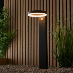 Ebro Modern Solar Powered Dimmable LED Round Bollard Lamp Textured Black, PIR Motion & Day Night Sensors, Warm White, IP44 - thumbnail 2