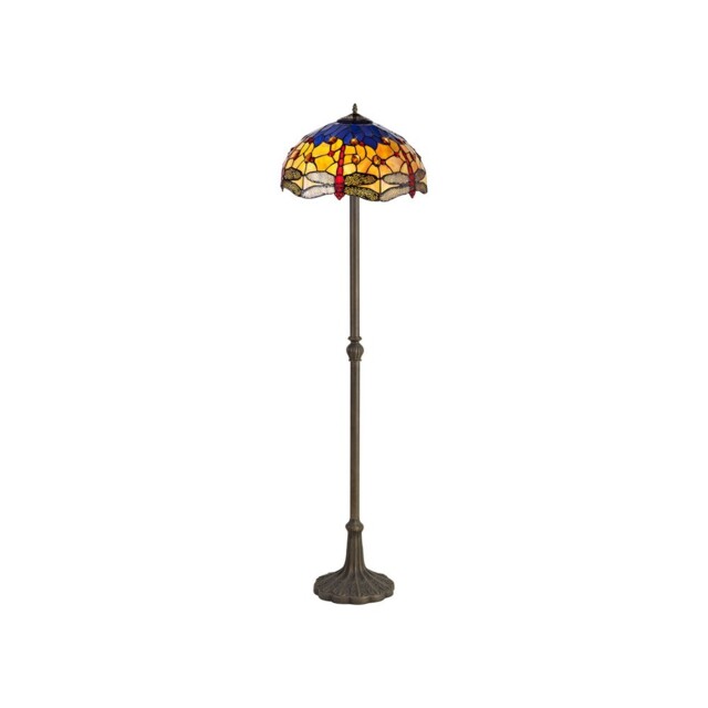 Worcester 2 Light Leaf Design Floor Lamp E27 With 40cm Tiffany Shade, Blue, Orange, Crystal, Aged Antique Brass - image 1