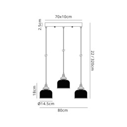 DeRuyter 3 Light Linear Pendant, E27, Satin Black/Prismatic Dome Glass, Frosted - thumbnail 2