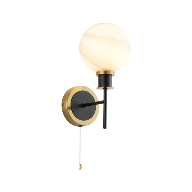 Plattsburgh Switched Wall Light E14 IP44 With 15cm Round White & Grey Marble Effect Glass Shade, Brass & Satin Black Framework - image 1