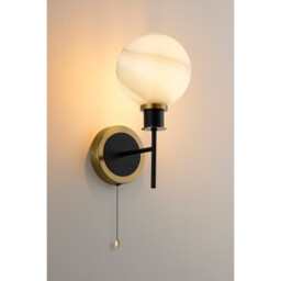 Plattsburgh Switched Wall Light E14 IP44 With 15cm Round White & Grey Marble Effect Glass Shade, Brass & Satin Black Framework - thumbnail 3