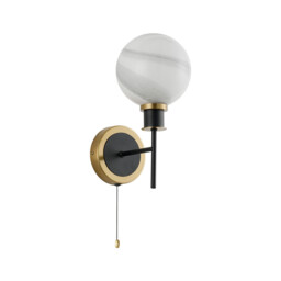Plattsburgh Switched Wall Light E14 IP44 With 15cm Round White & Grey Marble Effect Glass Shade, Brass & Satin Black Framework - thumbnail 5