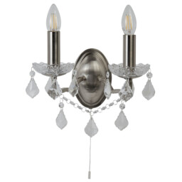 Paris 2 Light Indoor Candle Wall Light Satin Silver, Clear with Crystal Glass, E14 - thumbnail 2