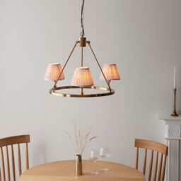 Chester Brushed Aged Brass Plate Pendant Light with Peachy Keen Fabric Leaf Shade 16cm 3x B22 - thumbnail 2