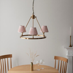 Chester Brushed Aged Brass Plate Pendant Light with Peachy Keen Fabric Leaf Shade 16cm 3x B22 - thumbnail 3