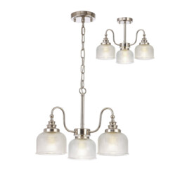 DeRuyter Semi Flush, Ceiling Pendant, 3 Light E27, Polished Nickel, Prismatic Glass - thumbnail 1