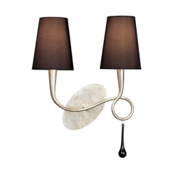 Paola Wall Lamp 2 Light E14, Silver Painted With Black Shades & Black Glass Droplets