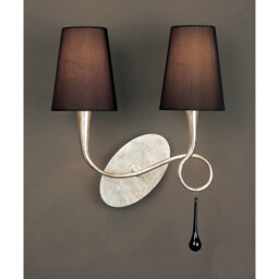 Paola Wall Lamp 2 Light E14, Silver Painted With Black Shades & Black Glass Droplets - thumbnail 2