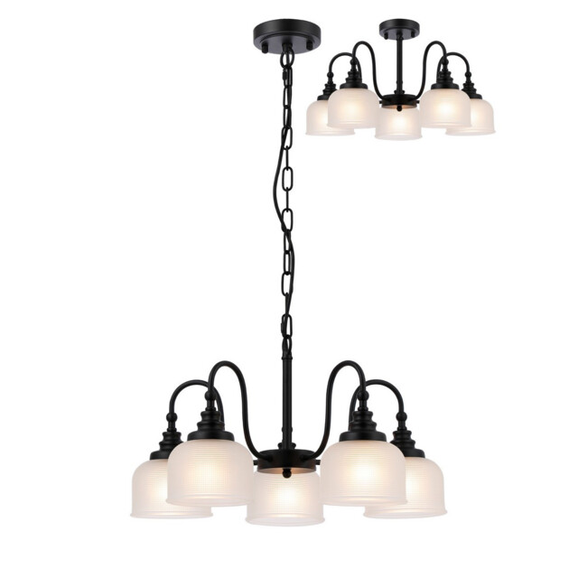 DeRuyter 57cm Semi Flush/Pendant, 5 Light E27, Satin Black/Frosted Glass - image 1
