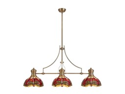 Dekalb 3 Light Telescopic Ceiling Pendant E27 With 30cm Tiffany Shade, Antique Brass, Purple, Pink, Crystal