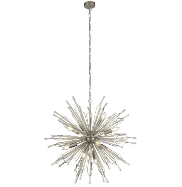 Starburst 8 Light Satin Silver Ceiling Pendant with Clear Glass Bead Detail