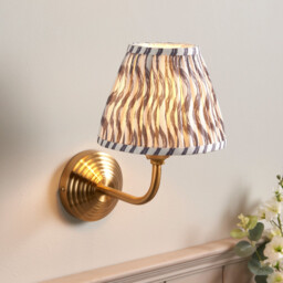 Obelisk Arc Brushed Aged Brass Plate Wall Light with Pearl Grey Fabric Ripple Shade 16cm B22 - thumbnail 2