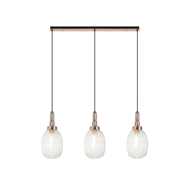 Yorktown Linear 3 Light Ceiling Pendant E27 With 20cm Almond Ribbed Glass, Clear Copper, Matt Black - image 1