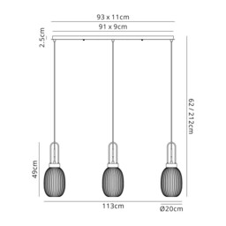 Yorktown Linear 3 Light Ceiling Pendant E27 With 20cm Almond Ribbed Glass, Clear Copper, Matt Black - thumbnail 2