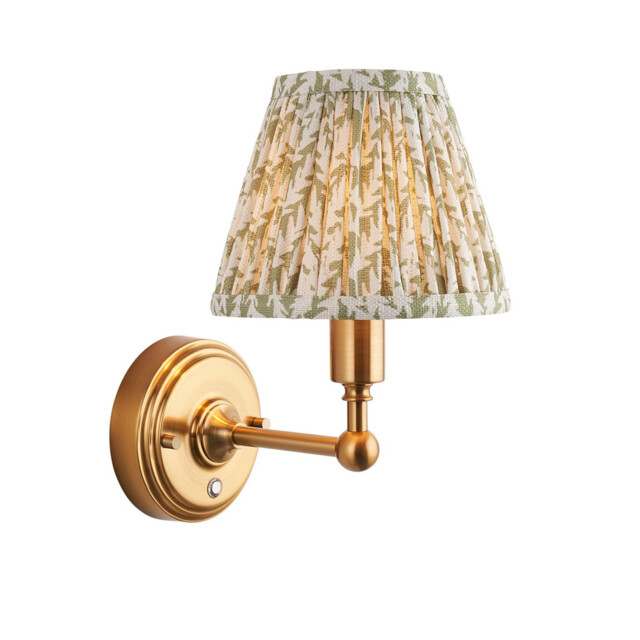 Burley Rechargeable Brushed Aged Brass Plate Wall Light with Herb Garden Green Fabric Leaf Shade 16cm Integrated LED - image 1