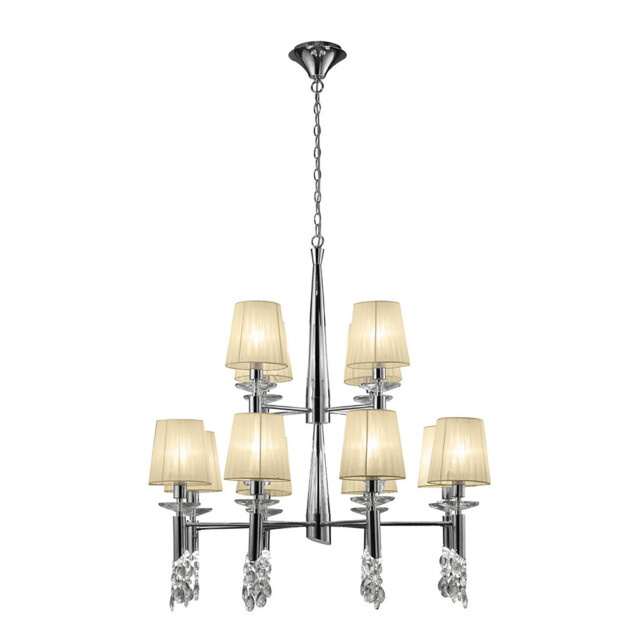 Tiffany Pendant 2 Tier 12+12 Light E14+G9, Polished Chrome With Cream Shades & Clear Crystal - image 1
