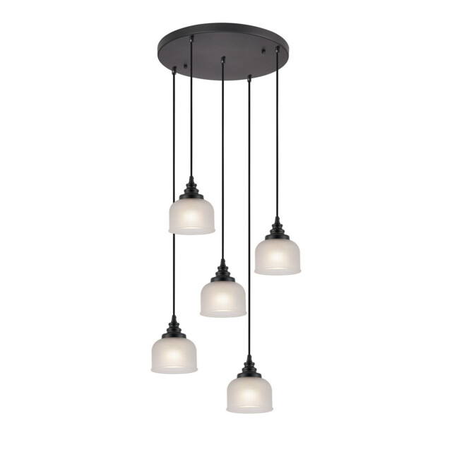 DeRuyter 5 Light Round Pendant, E27, Satin Black/Prismatic Dome Glass, Frosted - image 1