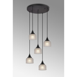 DeRuyter 5 Light Round Pendant, E27, Satin Black/Prismatic Dome Glass, Frosted - thumbnail 3