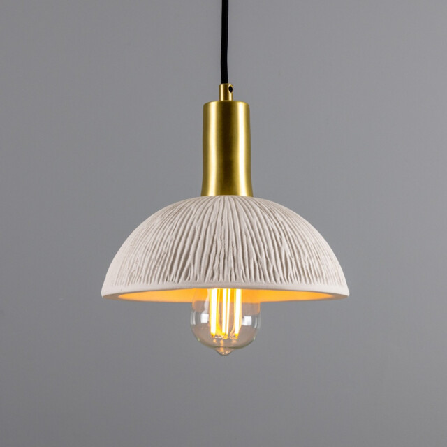 Kauri Dome Pendant, Matte White Striped, Satin Brass - image 1