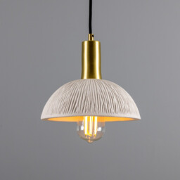 Kauri Dome Pendant, Matte White Striped, Satin Brass - thumbnail 1