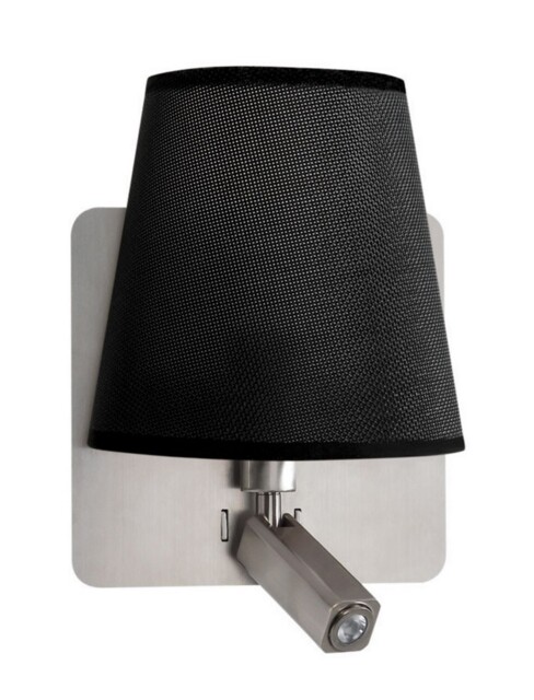 Bahia Wall Lamp with Large Back Plate E27 + Reading Light 3W LED with Black Shade Satin Nickel 4000K, 200lm, - image 1