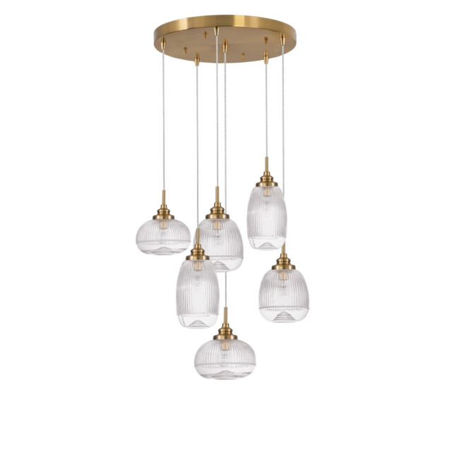 Mond 6 Light Cluster Pendant Ceiling Light Satin Gold Metal Clear Glass LED E14IP20 - image 1