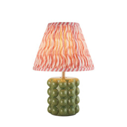 Bobble Olive Green Glaze Table Lamp with Coral Pink Fabric Ripple Shade 25cm B22