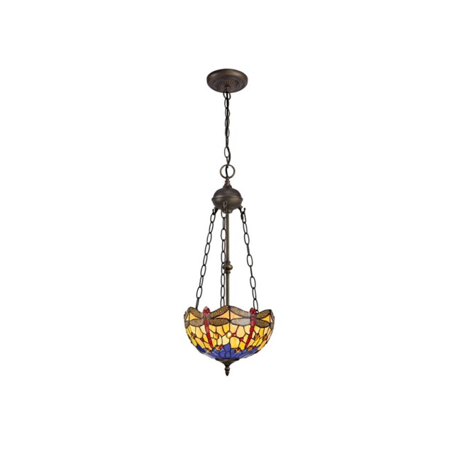 Worcester 2 Light Uplighter Ceiling Pendant E27 With 30cm Tiffany Shade, Blue, Orange, Crystal, Aged Antique Brass - image 1