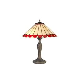 Worcester 2 Light Curved Table Lamp E27 With 40cm Tiffany Shade, Red, Crystal, Aged Antique Brass