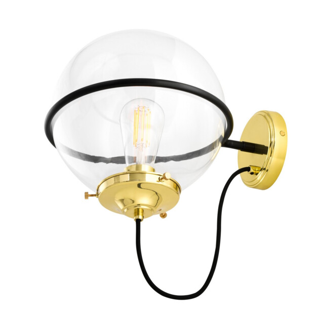 Oranmore 25cm Globe Wall Light, Polished Brass & Matt Black, Clear Glass