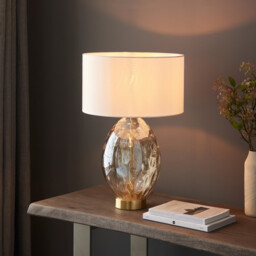 Elin Dimple Table Lamp with Round Shade Champagne Lustre Glass, Satin Brass Plate With Vintage White Fabric, 1x E27 - thumbnail 5