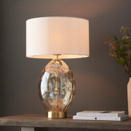 Elin Dimple Table Lamp with Round Shade Champagne Lustre Glass, Satin Brass Plate With Vintage White Fabric, 1x E27 - thumbnail 2