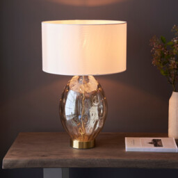 Elin Dimple Table Lamp with Round Shade Champagne Lustre Glass, Satin Brass Plate With Vintage White Fabric, 1x E27 - thumbnail 3