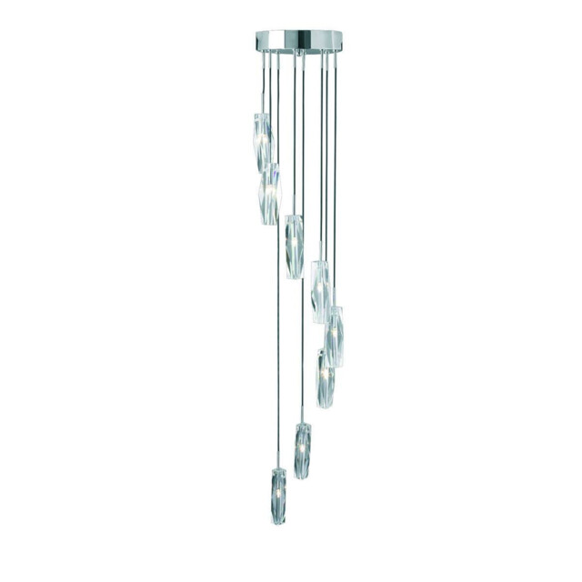 Sculptured Ice 8 Light Spiral Cluster Pendant Chrome, K9 Glass Eight, G4 Bulb