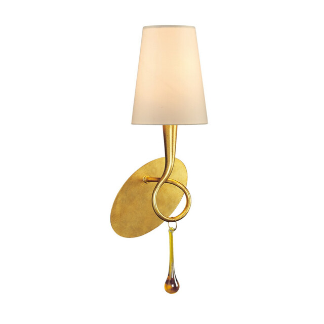 Paola Wall Lamp 1 Light E14, Gold Painted With Cream Shade & Amber Glass Droplets - image 1