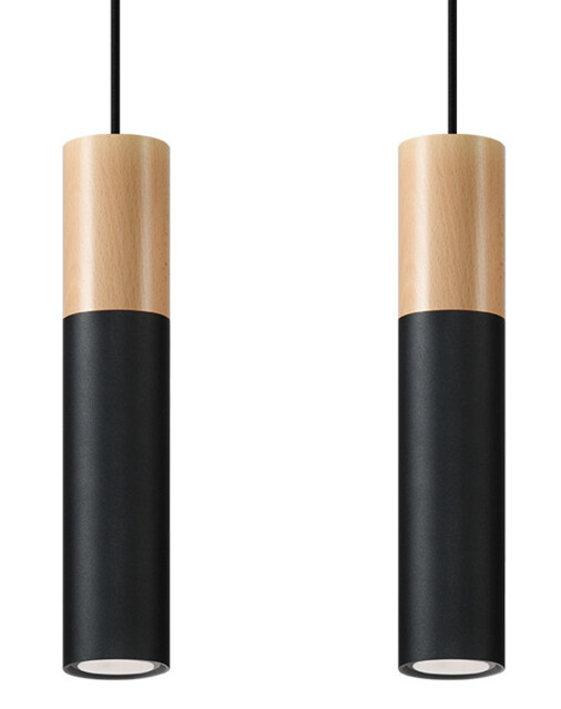 Pablo Twin Hanging Pendant Light Black, Natural Wood GU10 - image 1