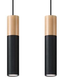 Pablo Twin Hanging Pendant Light Black, Natural Wood GU10 - thumbnail 1