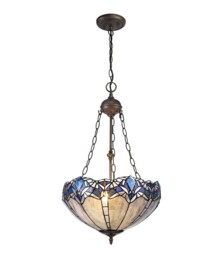 Worcester 2 Light Uplighter Ceiling Pendant E27 With 40cm Tiffany Shade, Blue, Clear Crystal, Aged Antique Brass