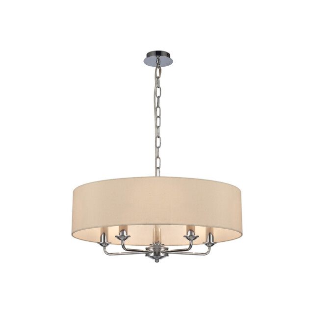 Banyan 5 Light Multi Arm Pendant, E14 Polished Chrome With 60cm x 15cm Faux Silk Shade, Ivory Pearl/White Laminate - image 1