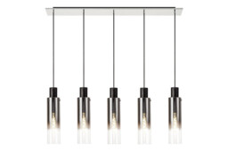 Peekskill Linear Pendant, 5 Light Adjustable E27, Black, Smoke Fade Glass