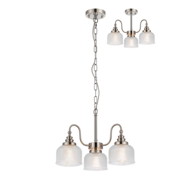 DeRuyter 47cm Semi Flush/Pendant, 3 Light E27, Satin Nickel/Clear Glass - image 1