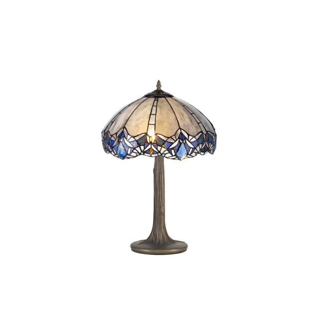 Worcester 2 Light Tree Like Table Lamp E27 With 40cm Tiffany Shade, Blue, Clear Crystal, Aged Antique Brass - image 1
