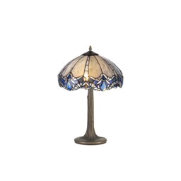 Worcester 2 Light Tree Like Table Lamp E27 With 40cm Tiffany Shade, Blue, Clear Crystal, Aged Antique Brass