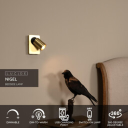 Nigel Modern Wall Spotlight - LED Dim. - GU10 - 1x5W 3000K - With USB charging point - Matt Gold, Brass - thumbnail 2