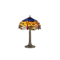 Worcester 2 Light Tree Like Table Lamp E27 With 40cm Tiffany Shade, Blue, Orange, Crystal, Aged Antique Brass