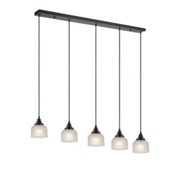 DeRuyter 5 Light Linear Pendant, E27, Satin Black/Prismatic Dome Glass, Frosted