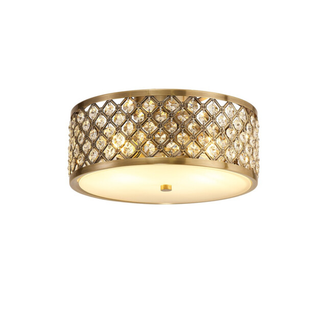 Sasha 2 Light E27, Flush Ceiling Light, 300mm Round, Antique Brass With Crystal Glass And Opal Glass Diffuser - image 1