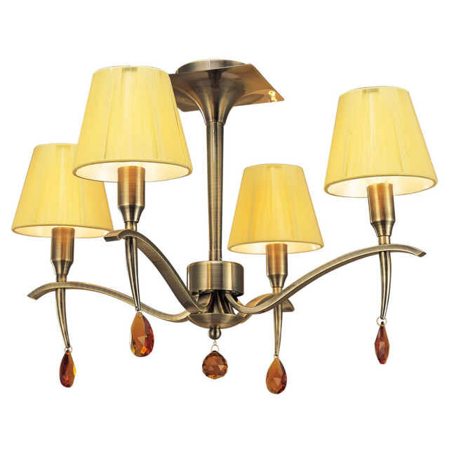 Siena Semi Flush Round 4 Light E14, Antique Brass With Amber Cream Shades And Amber Crystal - image 1